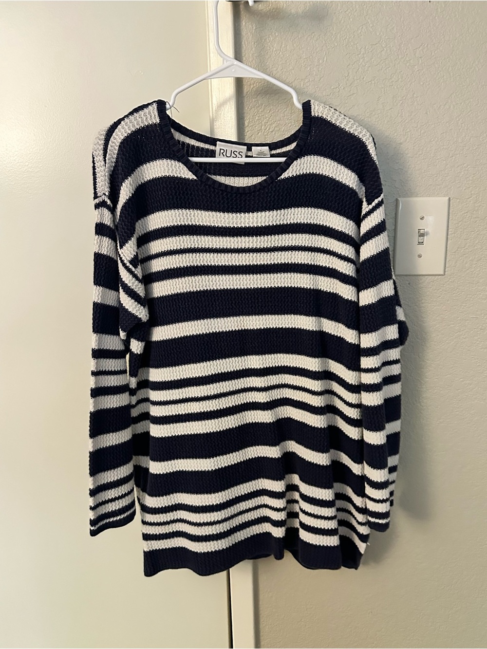 RUSS Navy and White Striped Knit Sweater Vintage Size XL